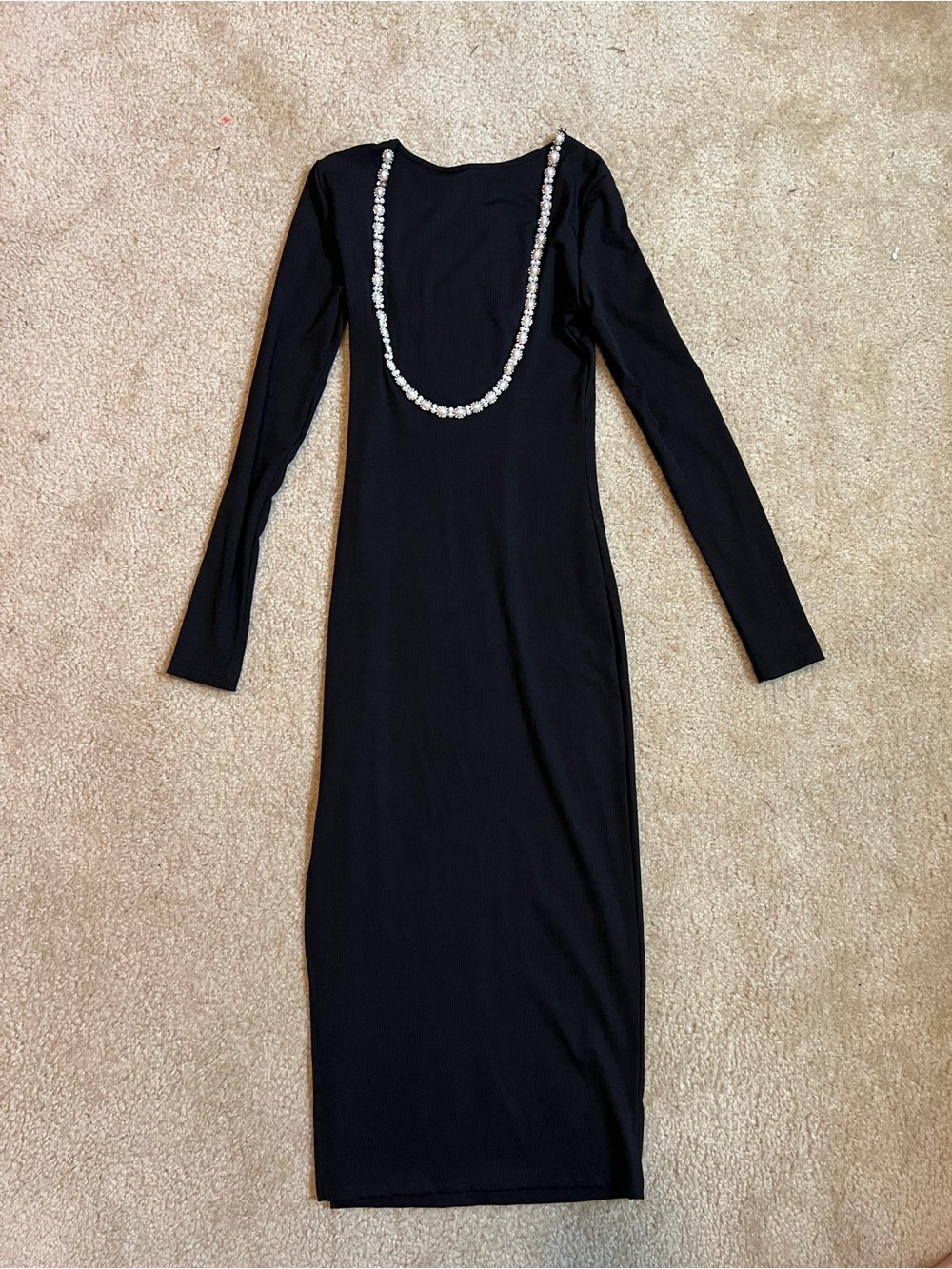 Long Sleeve Black Bodycon Dress with Jewel-Effect Back